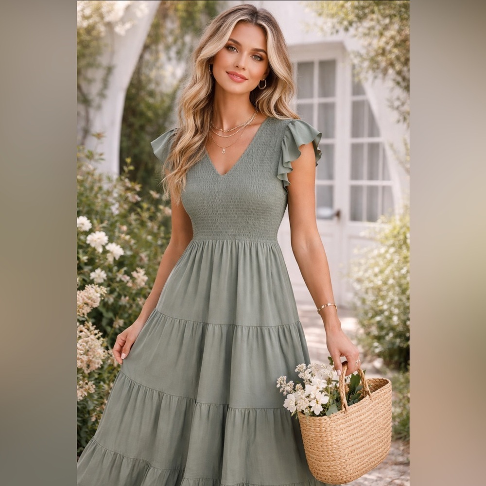 New Theenkoln Women’s Sea Moss Green V-Neck Shirred Tiered Romantic Dress Sz M